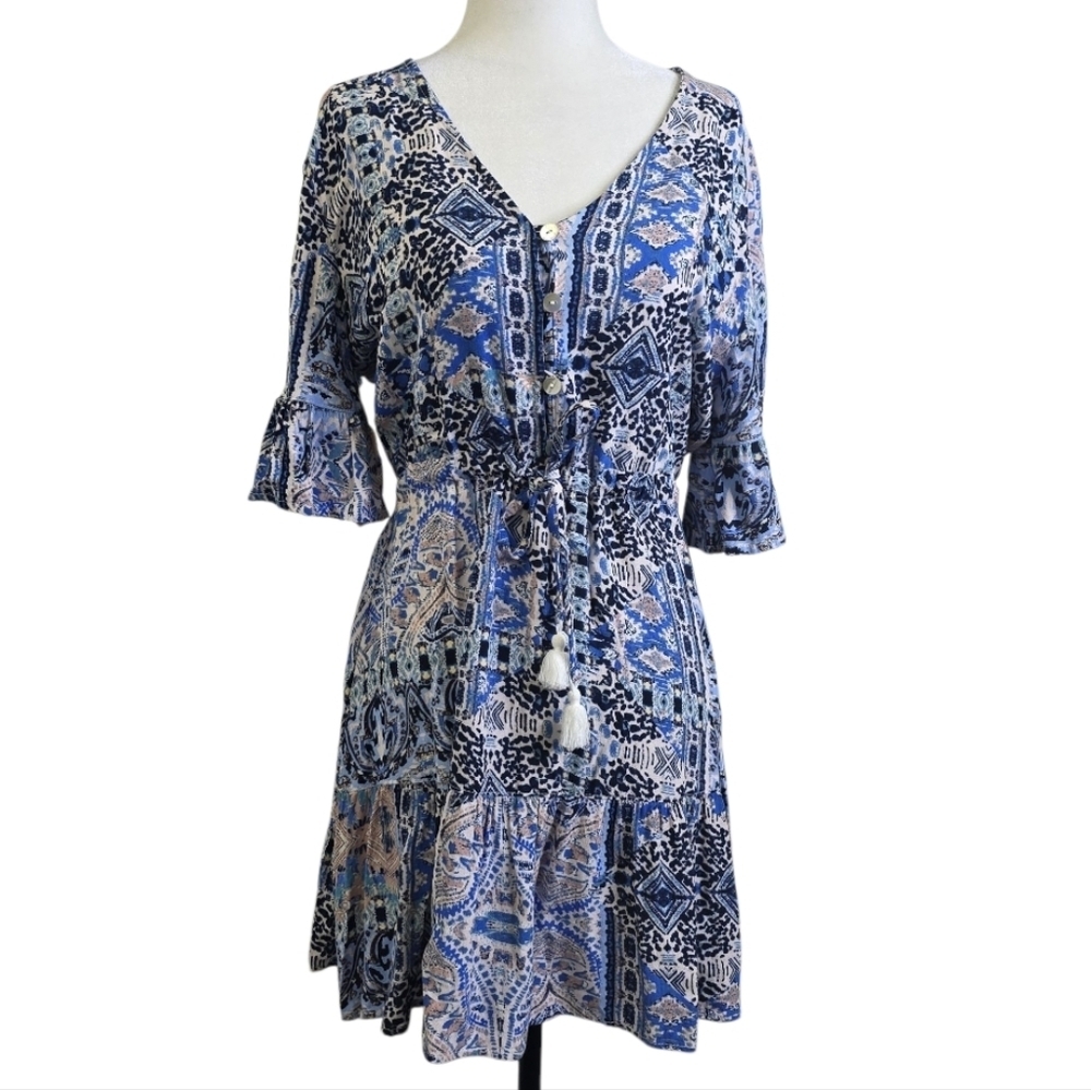 J Valdi  Boho print dress with tie on the waist